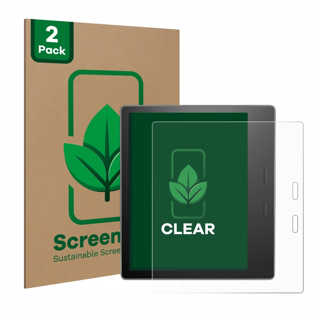 Front side of a product packaging with the brand logo ScreenLeaf. Next to it is the device Amazon Kindle Oasis 2019 (10th Gen.