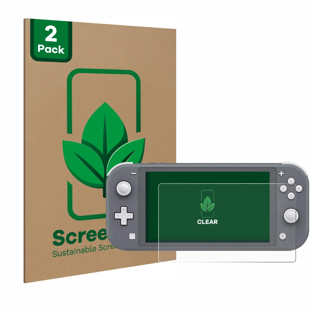 Front side of a product packaging with the brand logo ScreenLeaf. Next to it is the device Nintendo Switch Lite shown with the