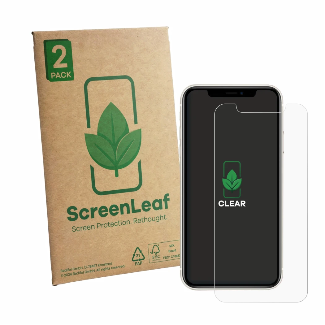 Front side of a product packaging with the brand logo ScreenLeaf. Next to it is the device Apple iPhone 11 shown with the corr