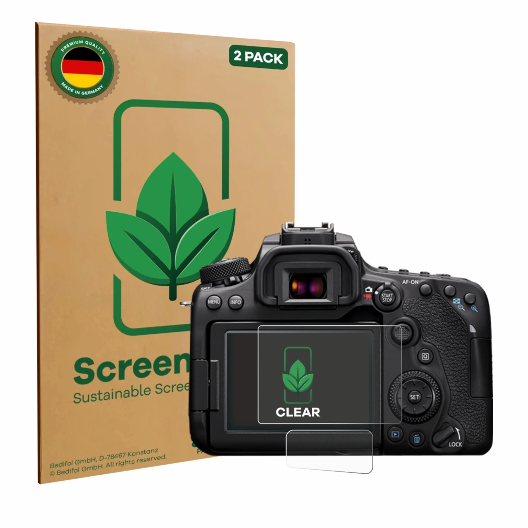 Front side of a product packaging with the brand logo ScreenLeaf. Next to it is the device Canon EOS 90D shown with the corres