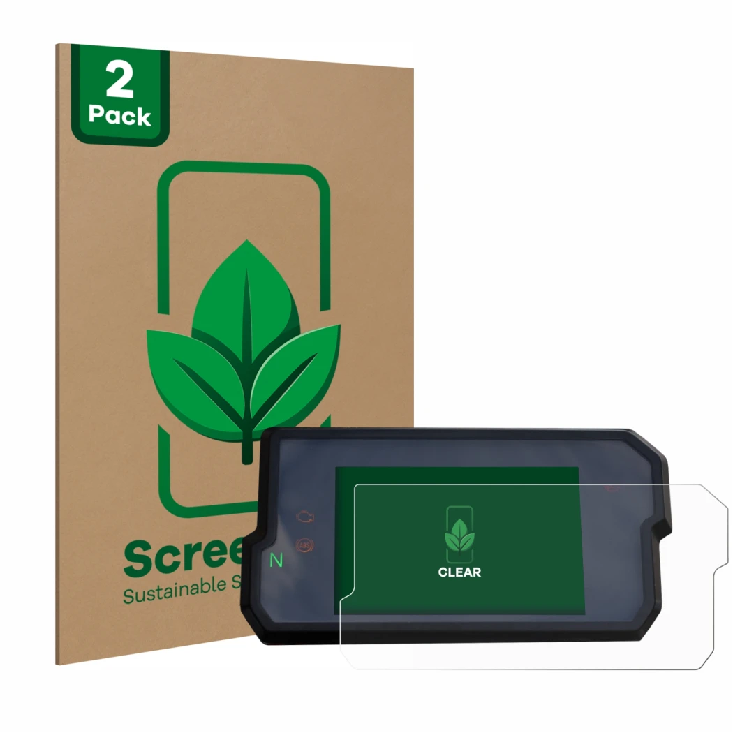 Front side of a product packaging with the brand logo ScreenLeaf. Next to it is the device KTM 125 / 390 Duke 2017+ shown with