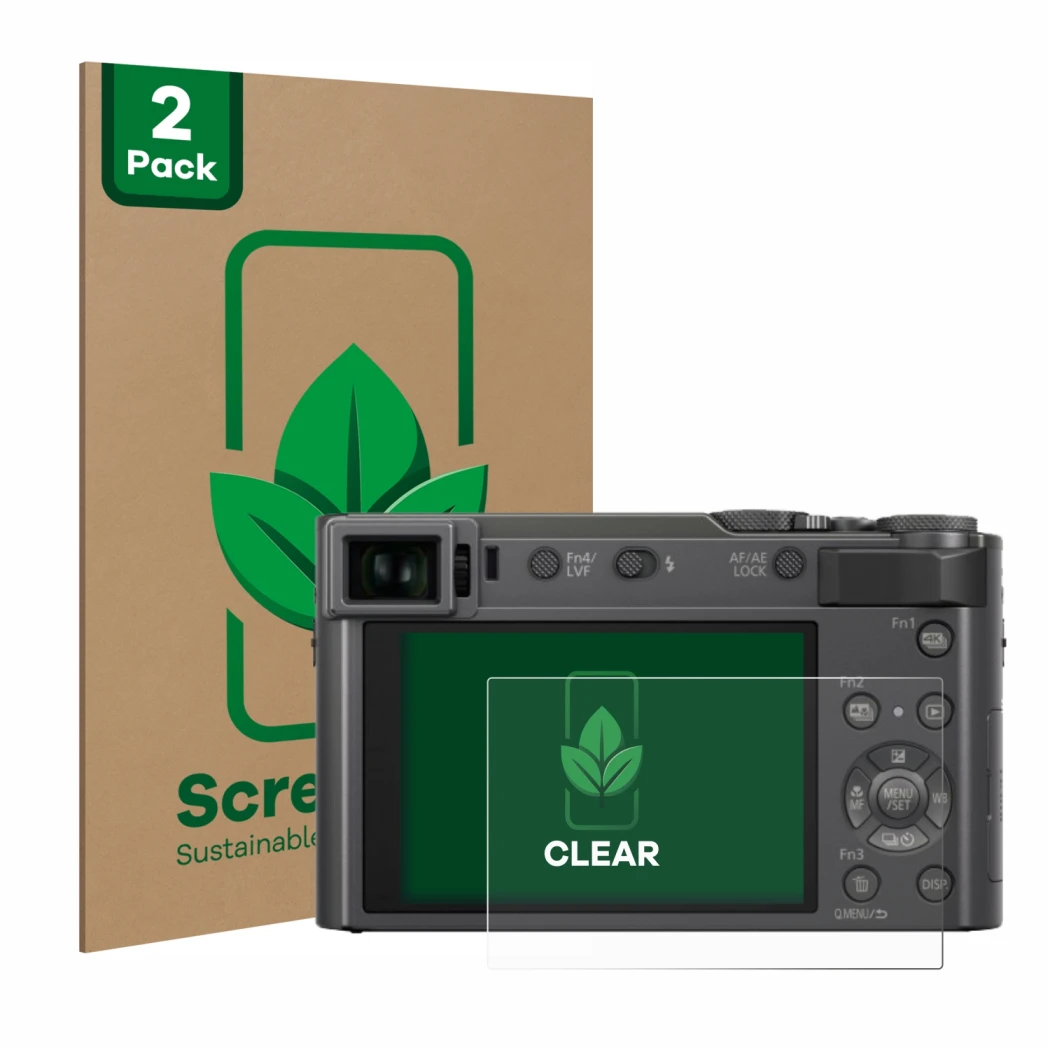 Front side of a product packaging with the brand logo ScreenLeaf. Next to it is the device Panasonic Lumix DC-TZ200 shown with