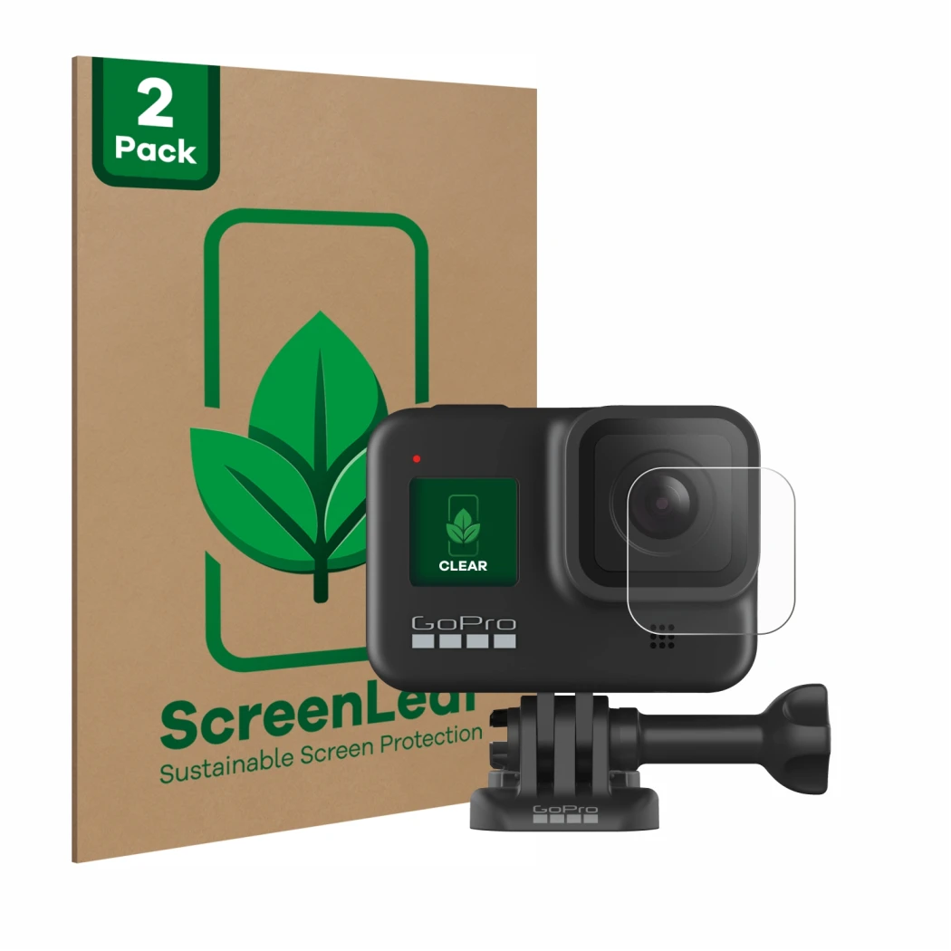 Front side of a product packaging with the brand logo ScreenLeaf. Next to it is the device GoPro Hero 8 Black (Lens) shown wit