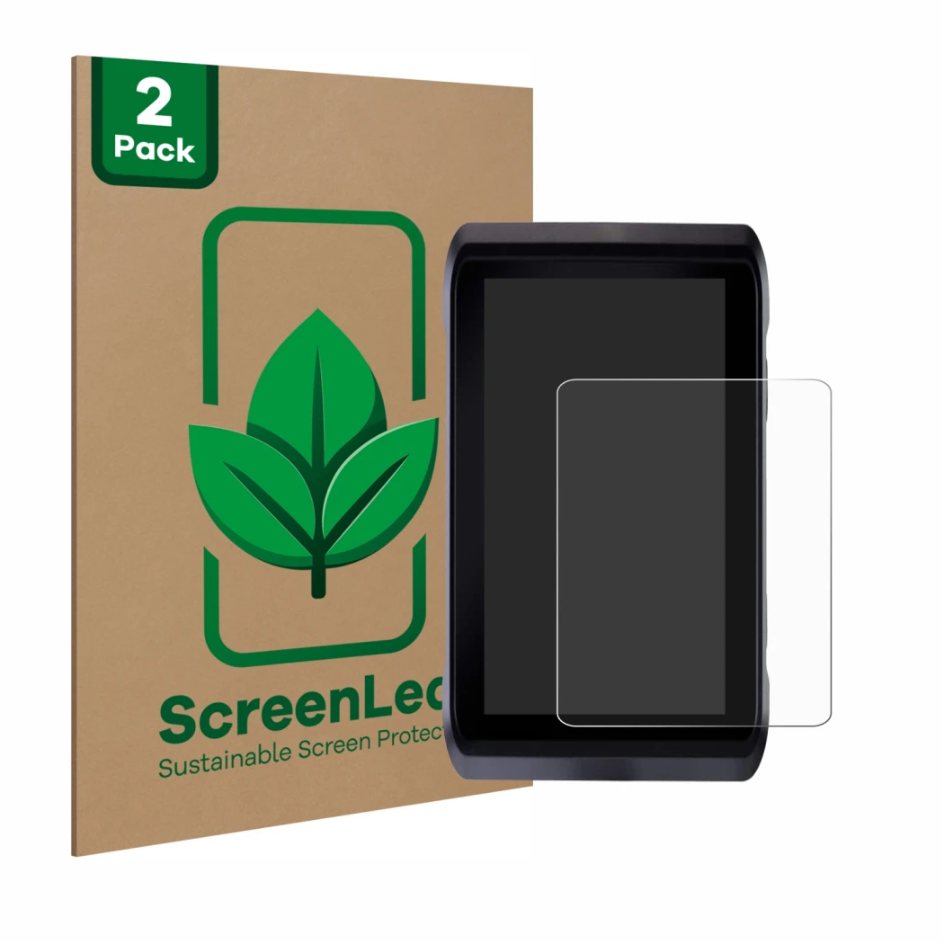 Front side of a product packaging with the brand logo ScreenLeaf. Next to it is the device Atomos Shogun 7 shown with the corr