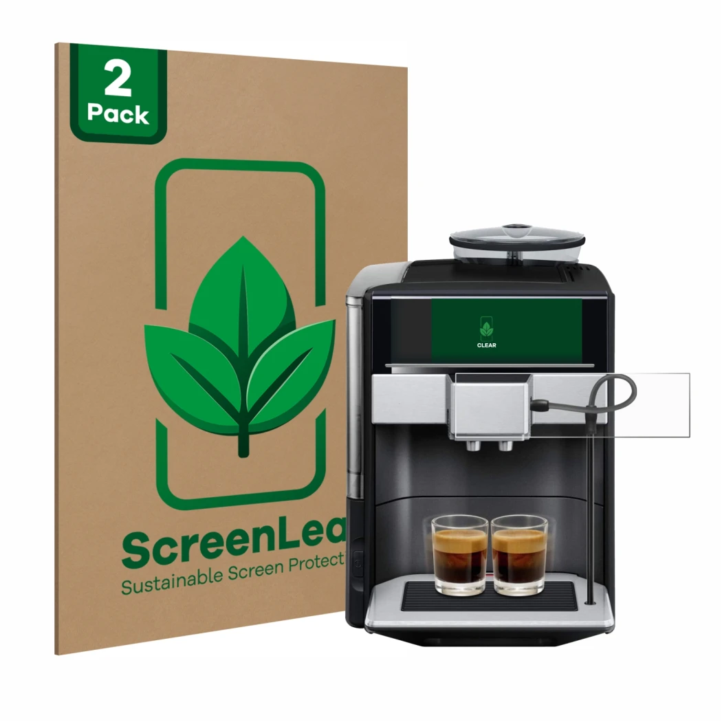 Front side of a product packaging with the brand logo ScreenLeaf. Next to it is the device Siemens EQ.6 plus s700 shown with t