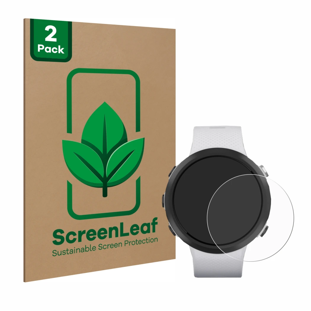Front side of a product packaging with the brand logo ScreenLeaf. Next to it is the device Garmin Swim 2 shown with the corres