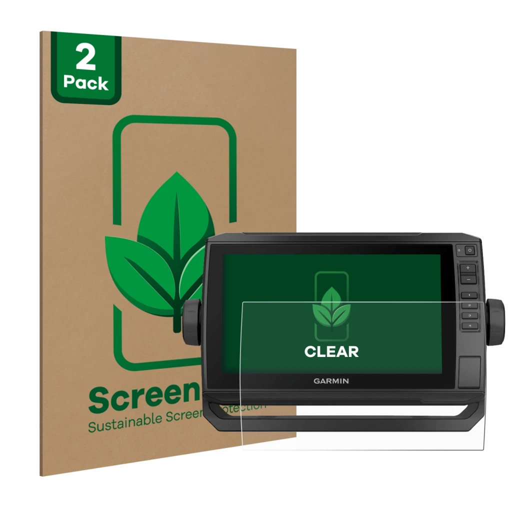 Front side of a product packaging with the brand logo ScreenLeaf. Next to it is the device Garmin ECHOMAP UHD 92sv shown with 