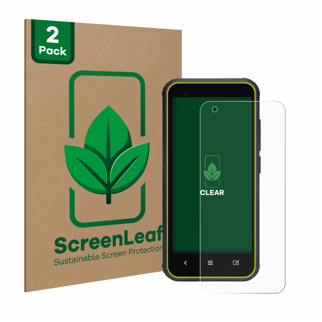 Front side of a product packaging with the brand logo ScreenLeaf. Next to it is the device SkyCaddie SX400 shown with the corr