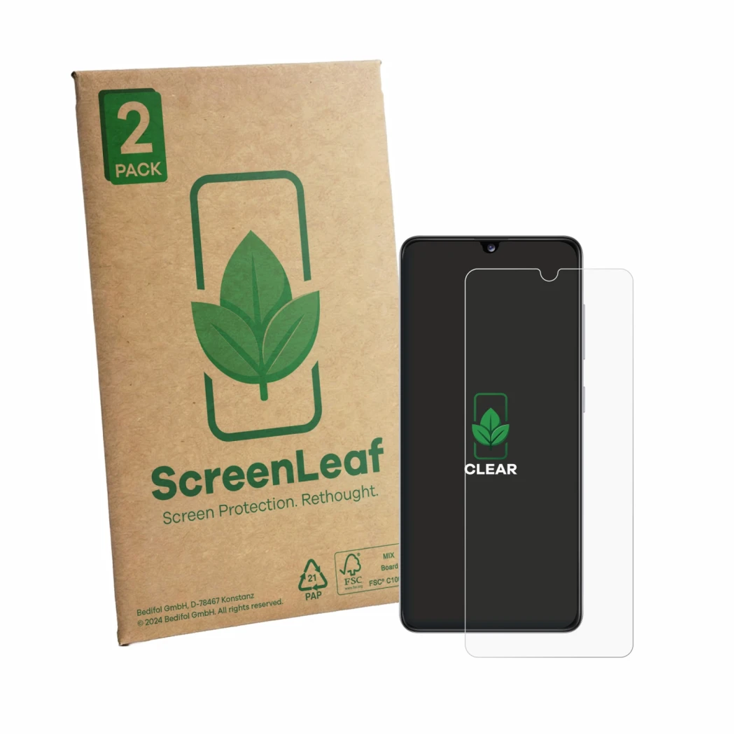 Front side of a product packaging with the brand logo ScreenLeaf. Next to it is the device Samsung Galaxy A41 shown with the c
