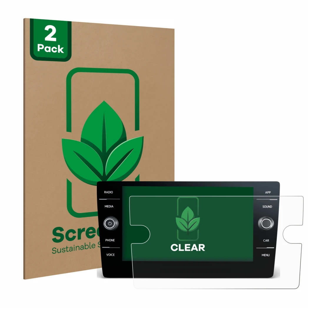 Front side of a product packaging with the brand logo ScreenLeaf. Next to it is the device Volkswagen Touran 2017 Discover Med