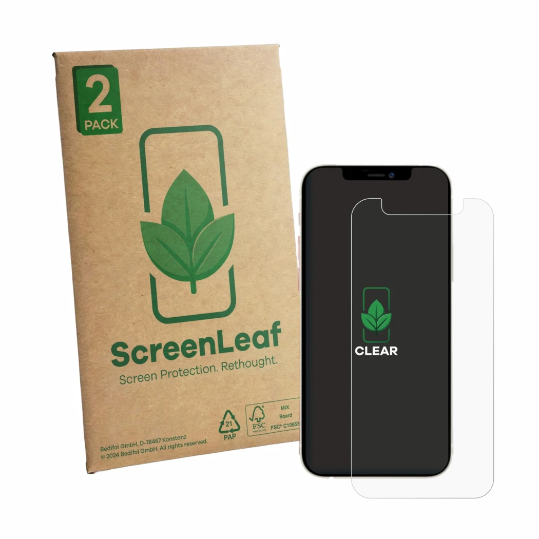 Front side of a product packaging with the brand logo ScreenLeaf. Next to it is the device Apple iPhone 12 mini shown with the