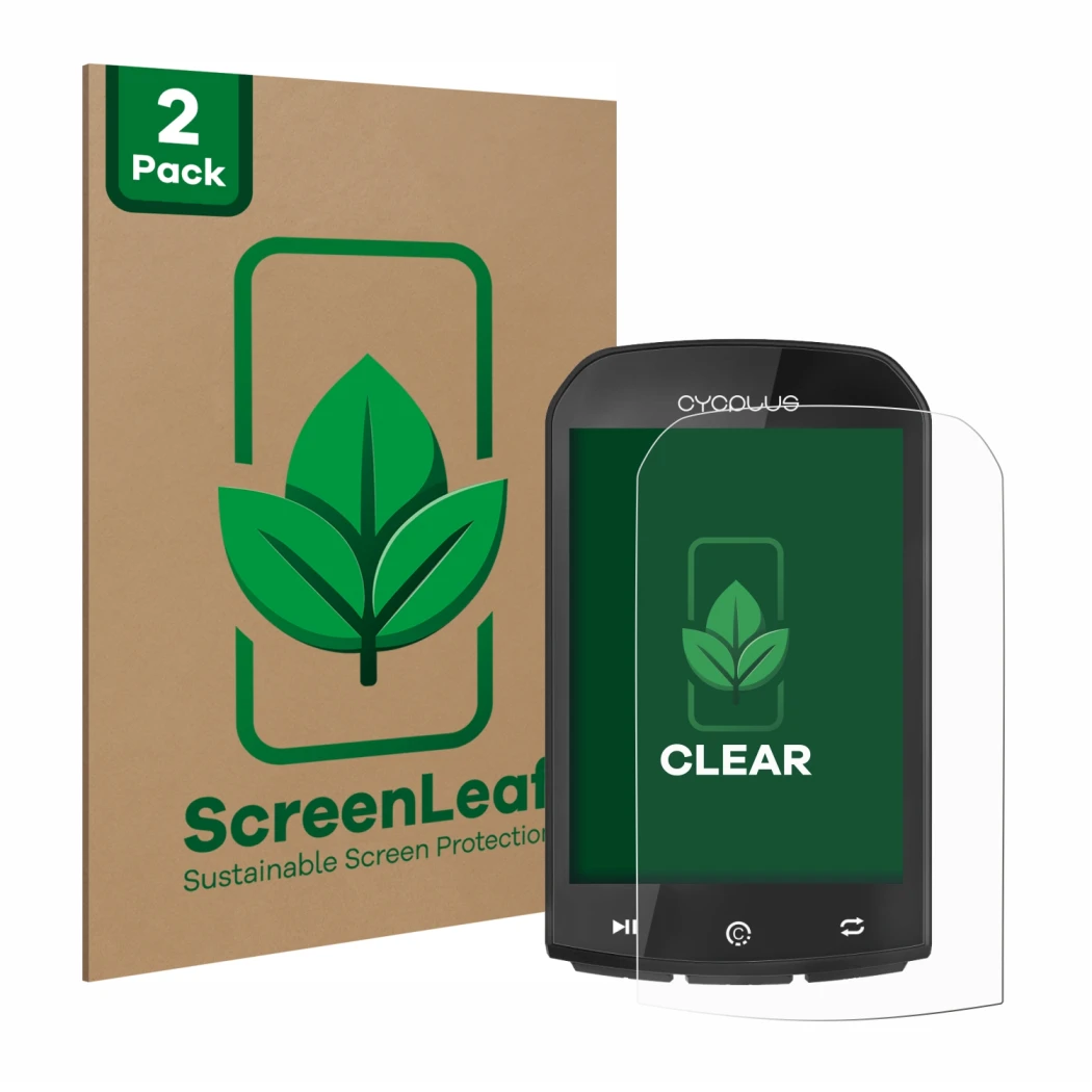Front side of a product packaging with the brand logo ScreenLeaf. Next to it is the device Cycplus M1 2.9