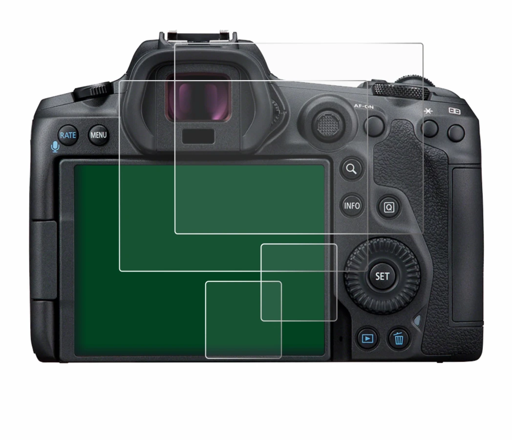 Image of the device Canon EOS R5 with a wide variety of screen protectors.
