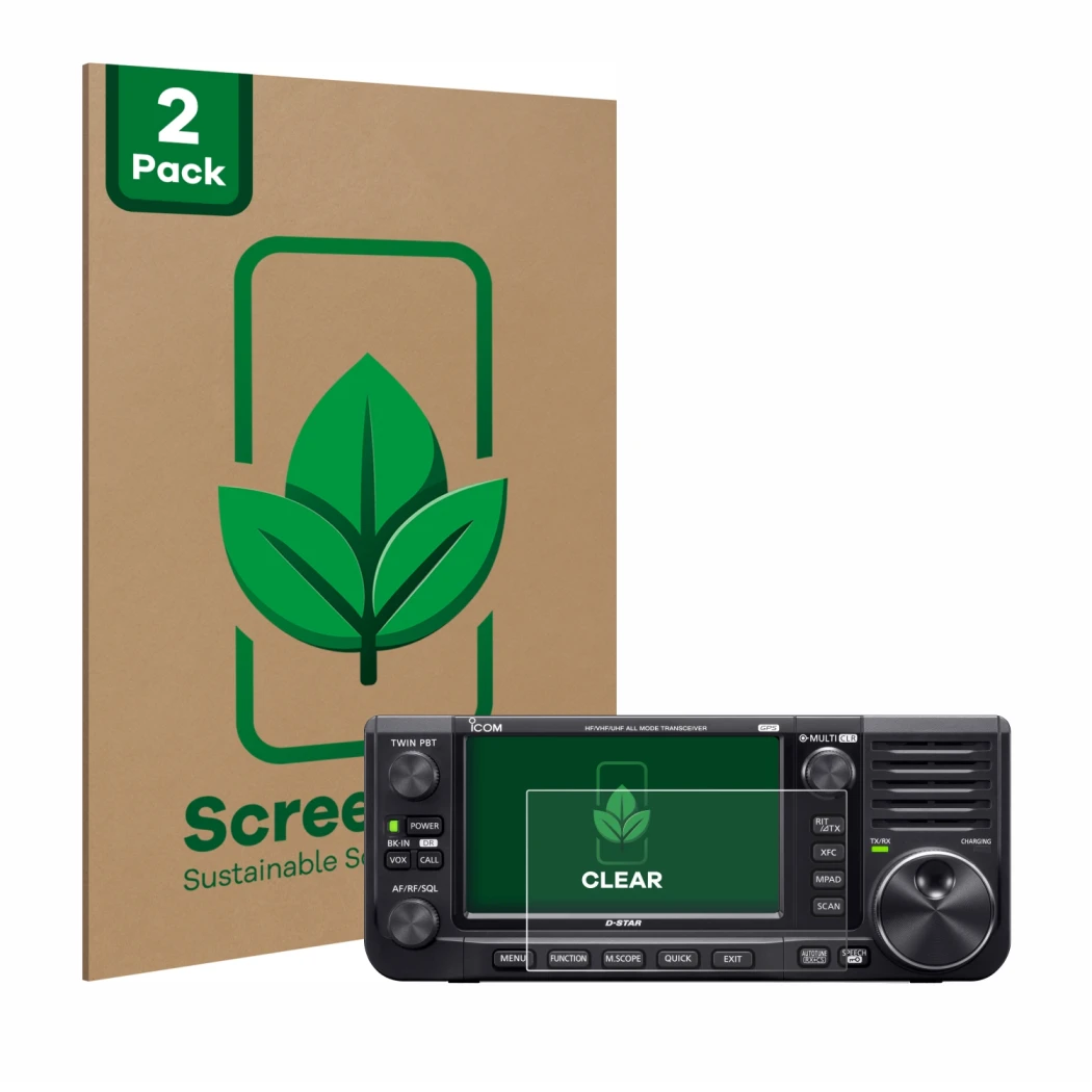 Front side of a product packaging with the brand logo ScreenLeaf. Next to it is the device Icom IC-705 shown with the correspo