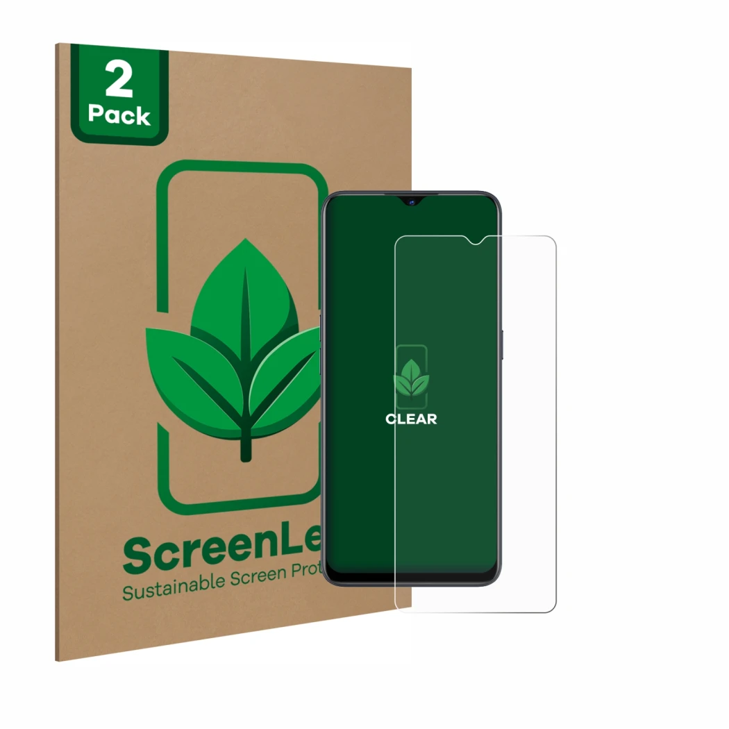Front side of a product packaging with the brand logo ScreenLeaf. Next to it is the device Oppo Find X2 Lite shown with the co