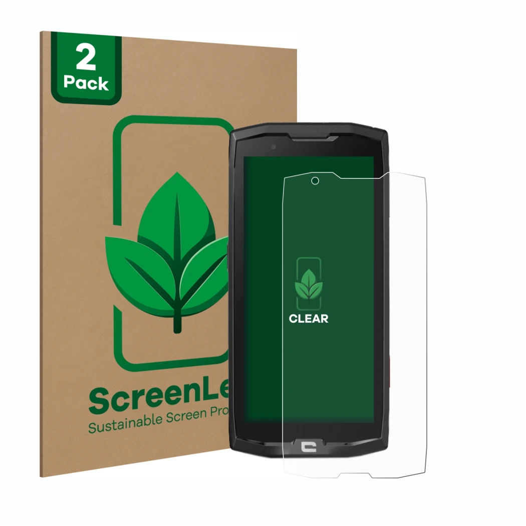 Front side of a product packaging with the brand logo ScreenLeaf. Next to it is the device Crosscall Core X4 shown with the co