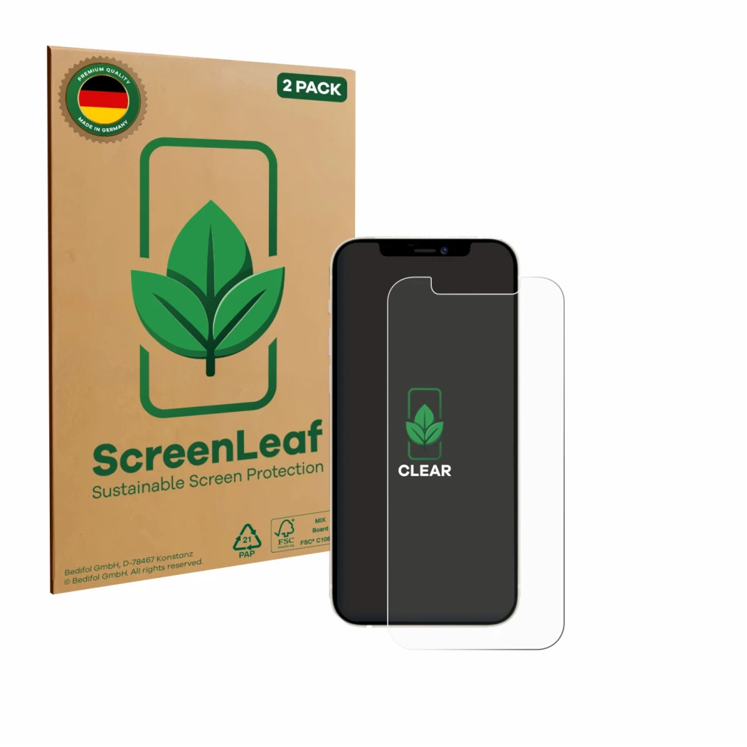 Front side of a product packaging with the brand logo ScreenLeaf. Next to it is the device Apple iPhone 12 Pro shown with the 