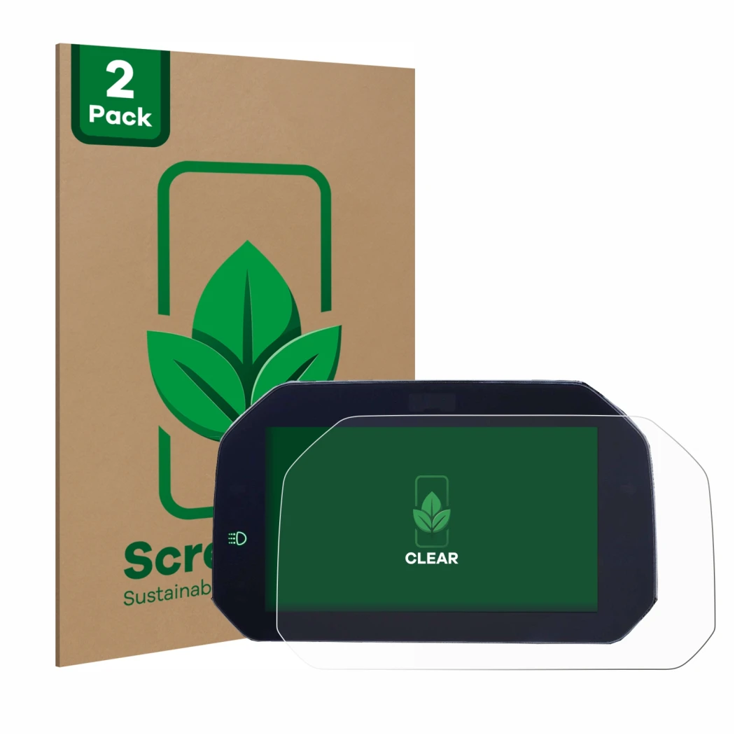 Front side of a product packaging with the brand logo ScreenLeaf. Next to it is the device BMW S 1000 XR 2020 Connectivity TFT