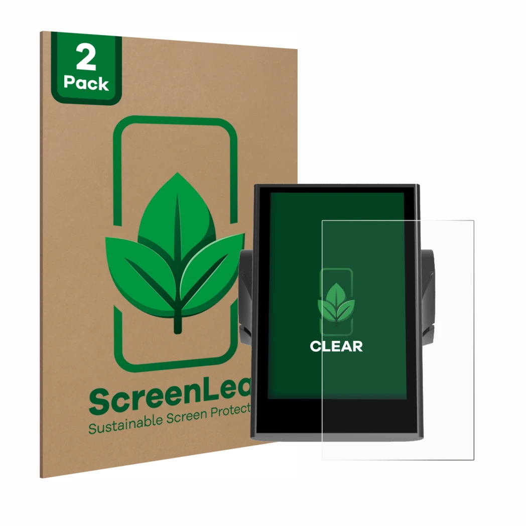 Front side of a product packaging with the brand logo ScreenLeaf. Next to it is the device Bafang DP C18 shown with the corres