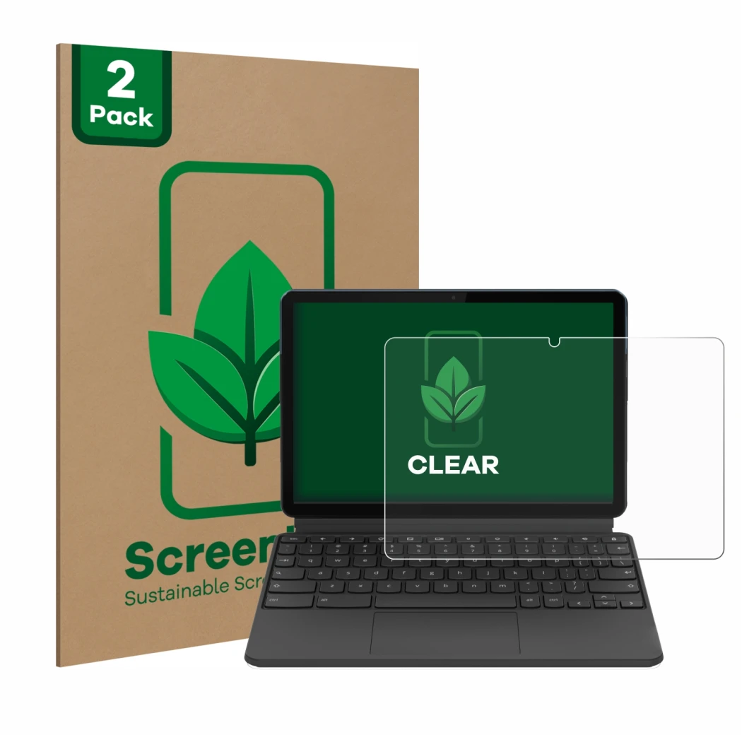 Front side of a product packaging with the brand logo ScreenLeaf. Next to it is the device Lenovo IdeaPad Duet Chromebook 10.1