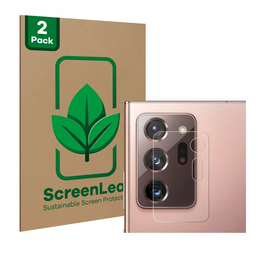 Front side of a product packaging with the brand logo ScreenLeaf. Next to it is the device Samsung Galaxy Note 20 Ultra 5G (ON