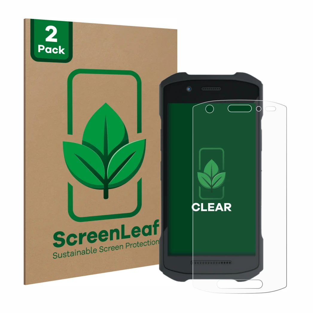 Front side of a product packaging with the brand logo ScreenLeaf. Next to it is the device Zebra TC21 shown with the correspon