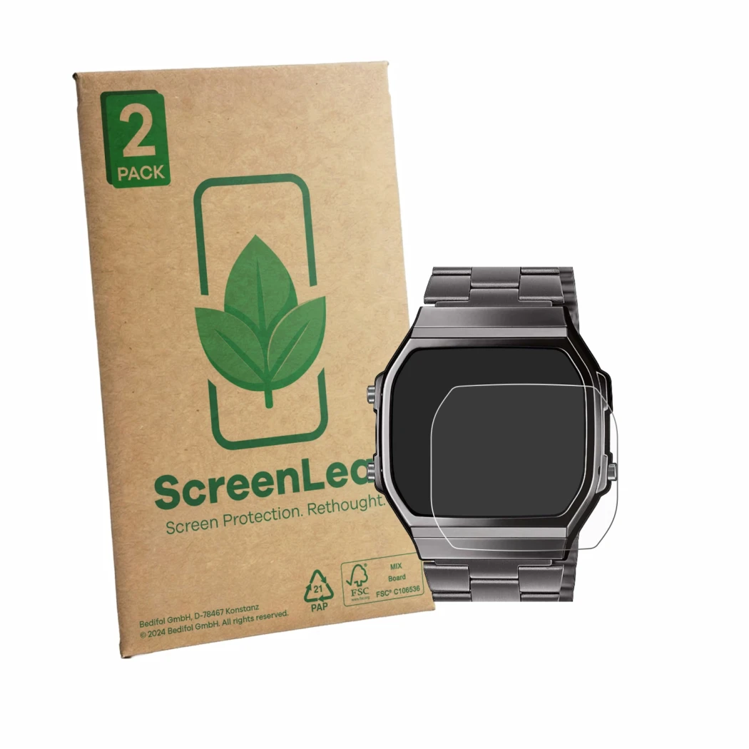 Front side of a product packaging with the brand logo ScreenLeaf. Next to it is the device Casio A168WEGG-1BEF shown with the 