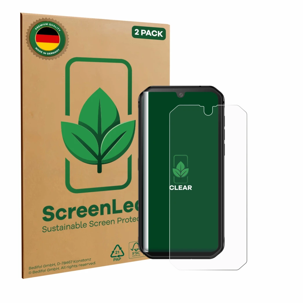 Front side of a product packaging with the brand logo ScreenLeaf. Next to it is the device Blackview BV9900E shown with the co