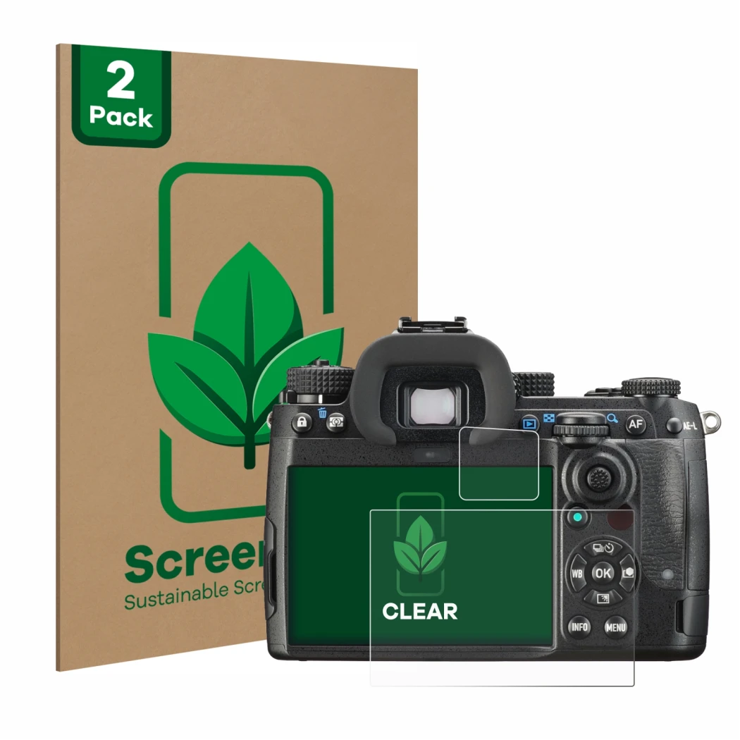 Front side of a product packaging with the brand logo ScreenLeaf. Next to it is the device Pentax K-3 Mark III shown with the 