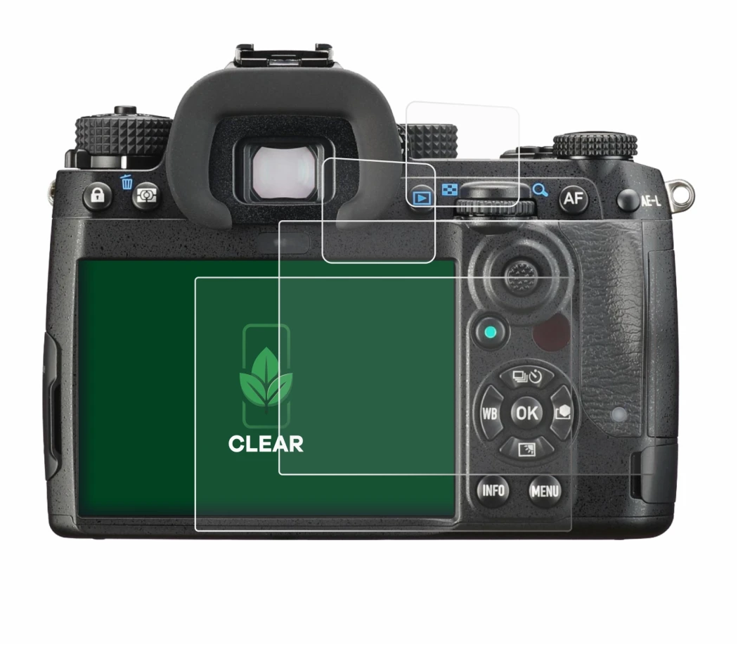 Image of the device Pentax K-3 Mark III with a wide variety of screen protectors.