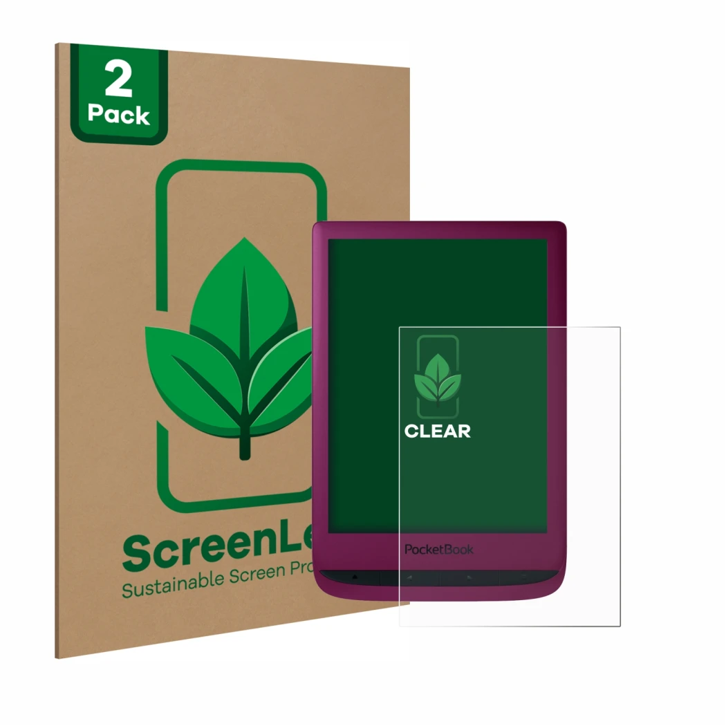 Front side of a product packaging with the brand logo ScreenLeaf. Next to it is the device PocketBook Touch Lux 5 shown with t