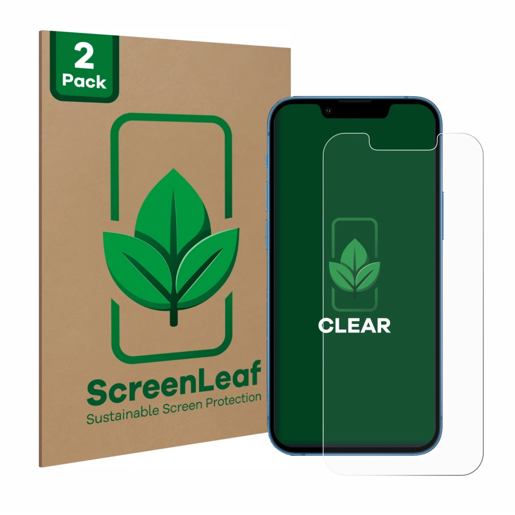 Front side of a product packaging with the brand logo ScreenLeaf. Next to it is the device Apple iPhone 13 mini shown with the