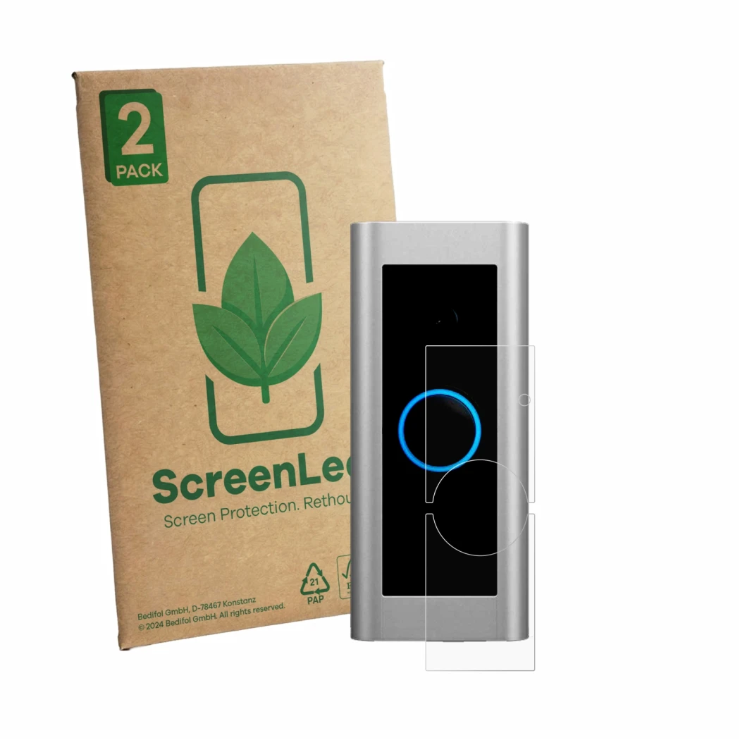 Front side of a product packaging with the brand logo ScreenLeaf. Next to it is the device Ring Video Doorbell Pro 2 shown wit