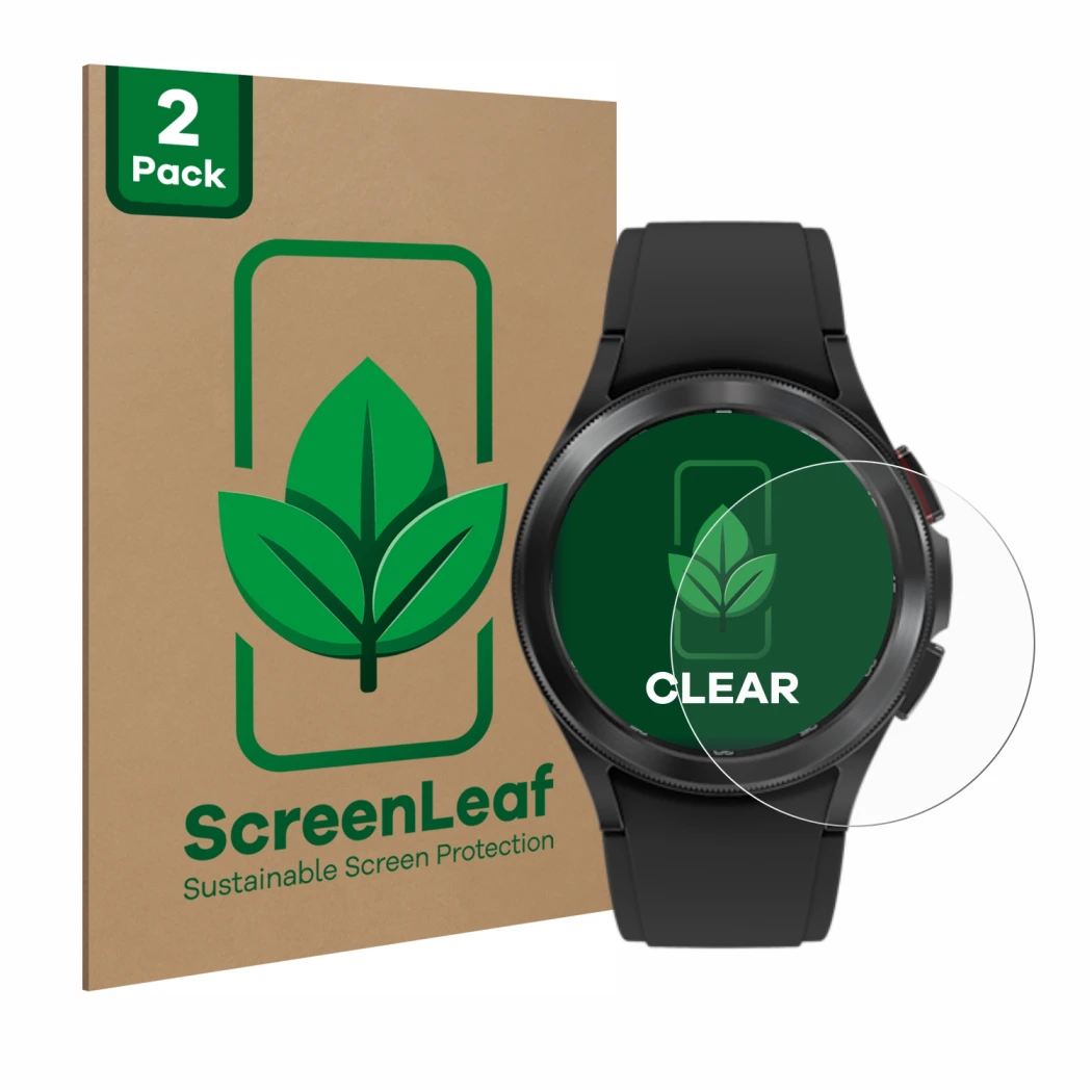 Front side of a product packaging with the brand logo ScreenLeaf. Next to it is the device Samsung Galaxy Watch 4 Classic (42m