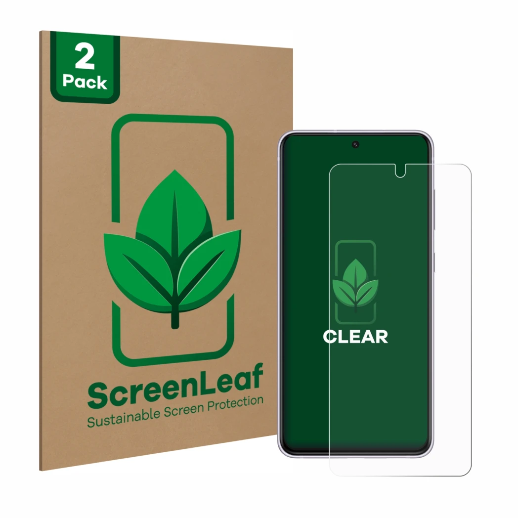 Front side of a product packaging with the brand logo ScreenLeaf. Next to it is the device Samsung Galaxy S21 FE 5G shown with