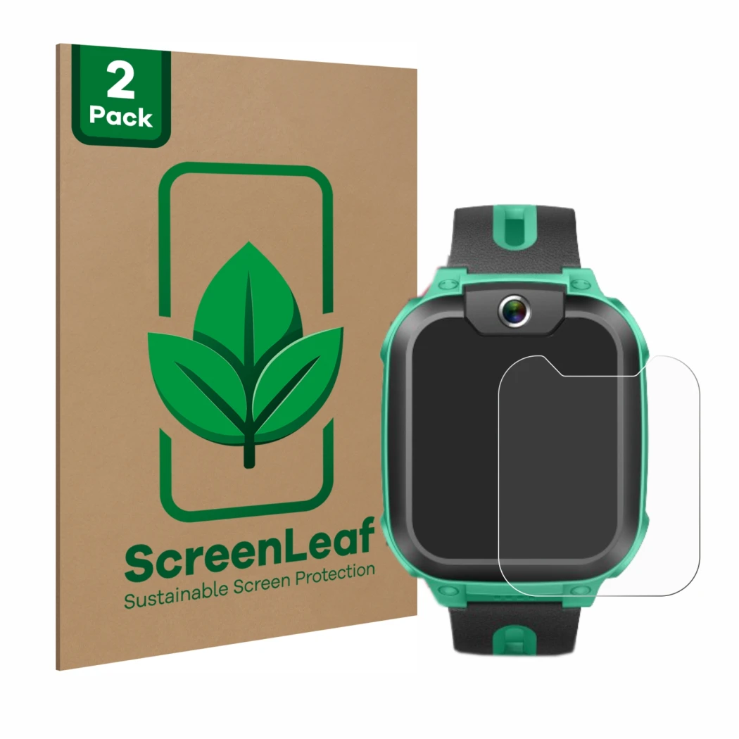 Front side of a product packaging with the brand logo ScreenLeaf. Next to it is the device Imoo Watch Phone Z1 shown with the 