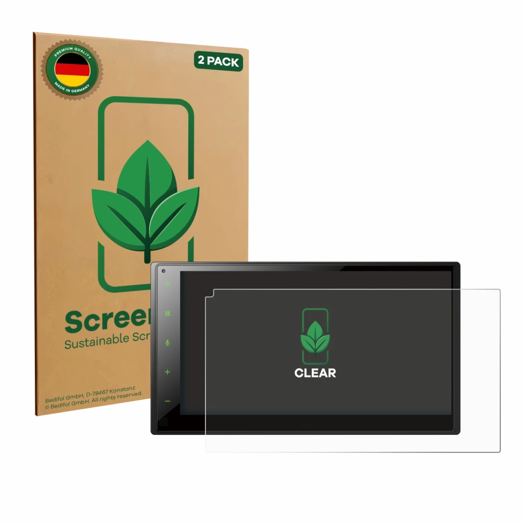 Front side of a product packaging with the brand logo ScreenLeaf. Next to it is the device Pioneer SPH-DA160DAB shown with the