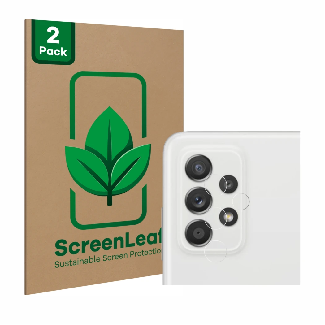 Front side of a product packaging with the brand logo ScreenLeaf. Next to it is the device Samsung Galaxy A52s 5G (ONLY Camera
