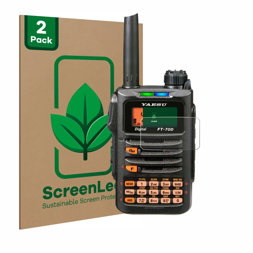 Front side of a product packaging with the brand logo ScreenLeaf. Next to it is the device Yaesu FT-70DR shown with the corres