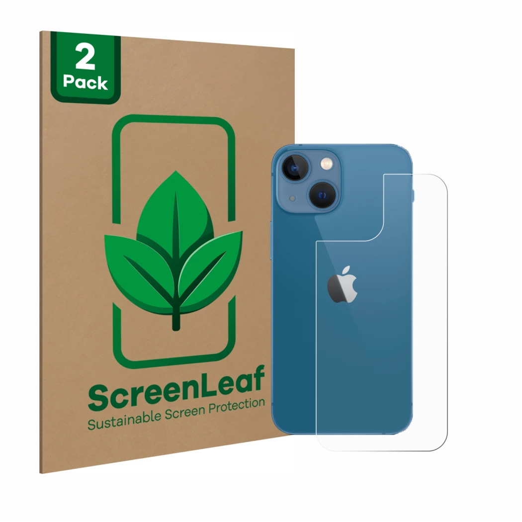 Front side of a product packaging with the brand logo ScreenLeaf. Next to it is the device Apple iPhone 13 mini (Back) shown w