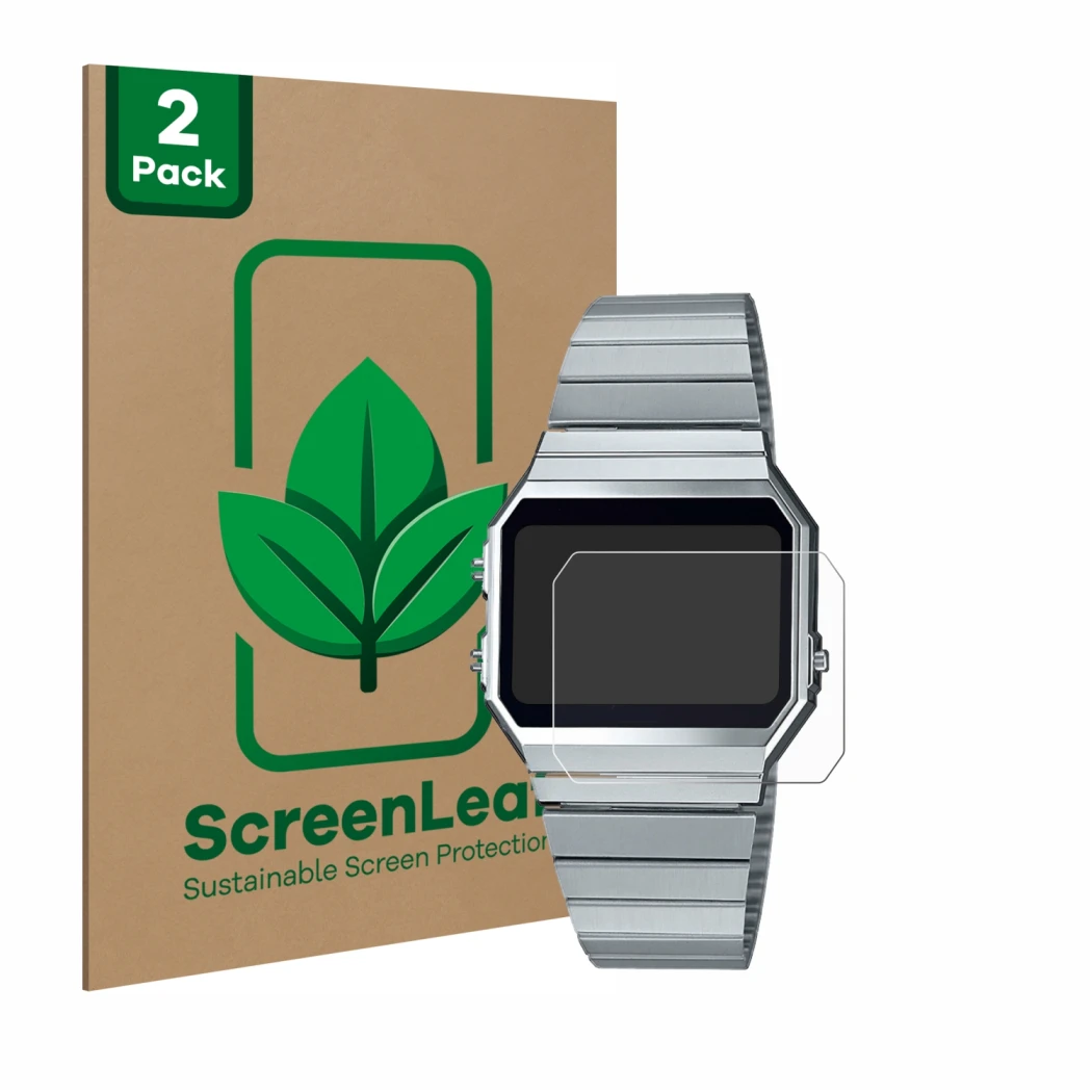 Front side of a product packaging with the brand logo ScreenLeaf. Next to it is the device Casio A700WE shown with the corresp