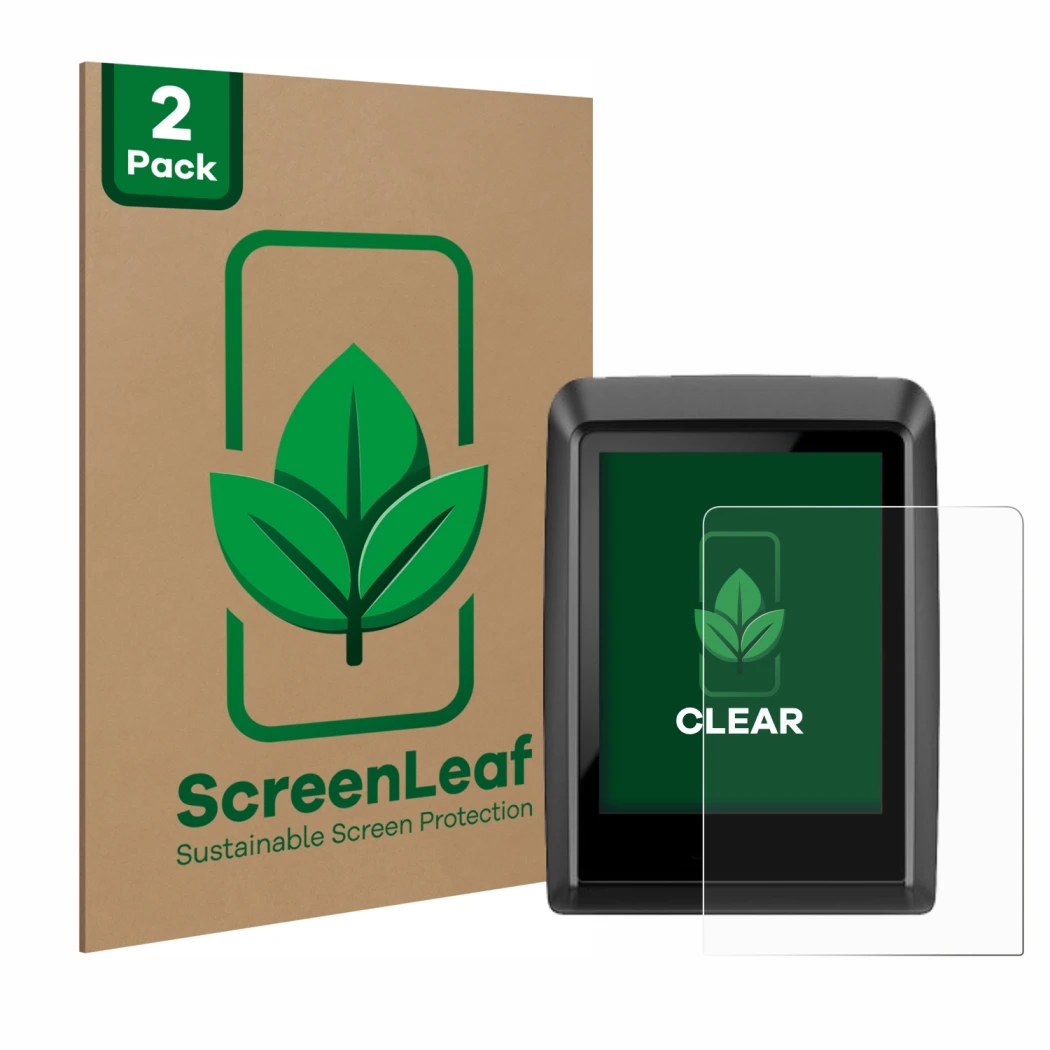 Front side of a product packaging with the brand logo ScreenLeaf. Next to it is the device Bosch Kiox 300 shown with the corre