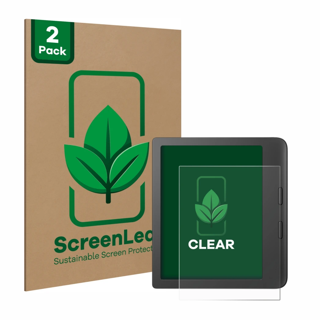 Front side of a product packaging with the brand logo ScreenLeaf. Next to it is the device Tolino Vision 6 shown with the corr