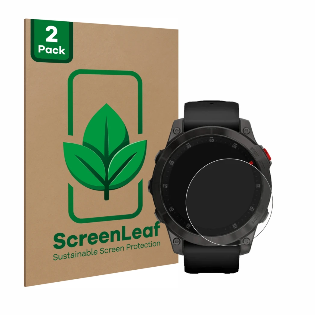 Front side of a product packaging with the brand logo ScreenLeaf. Next to it is the device Garmin epix (Gen. 2) shown with the