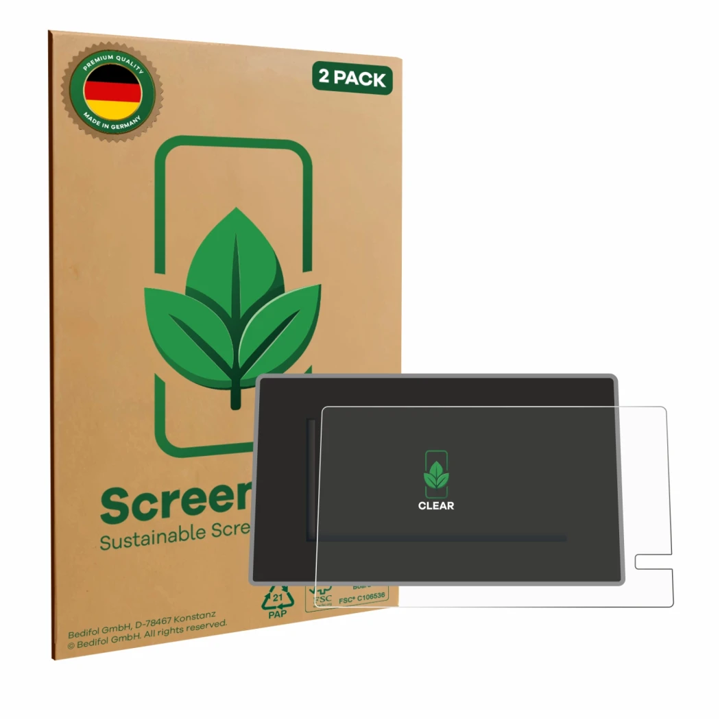 Front side of a product packaging with the brand logo ScreenLeaf. Next to it is the device Renault Trafic 2021 Easy Link 8