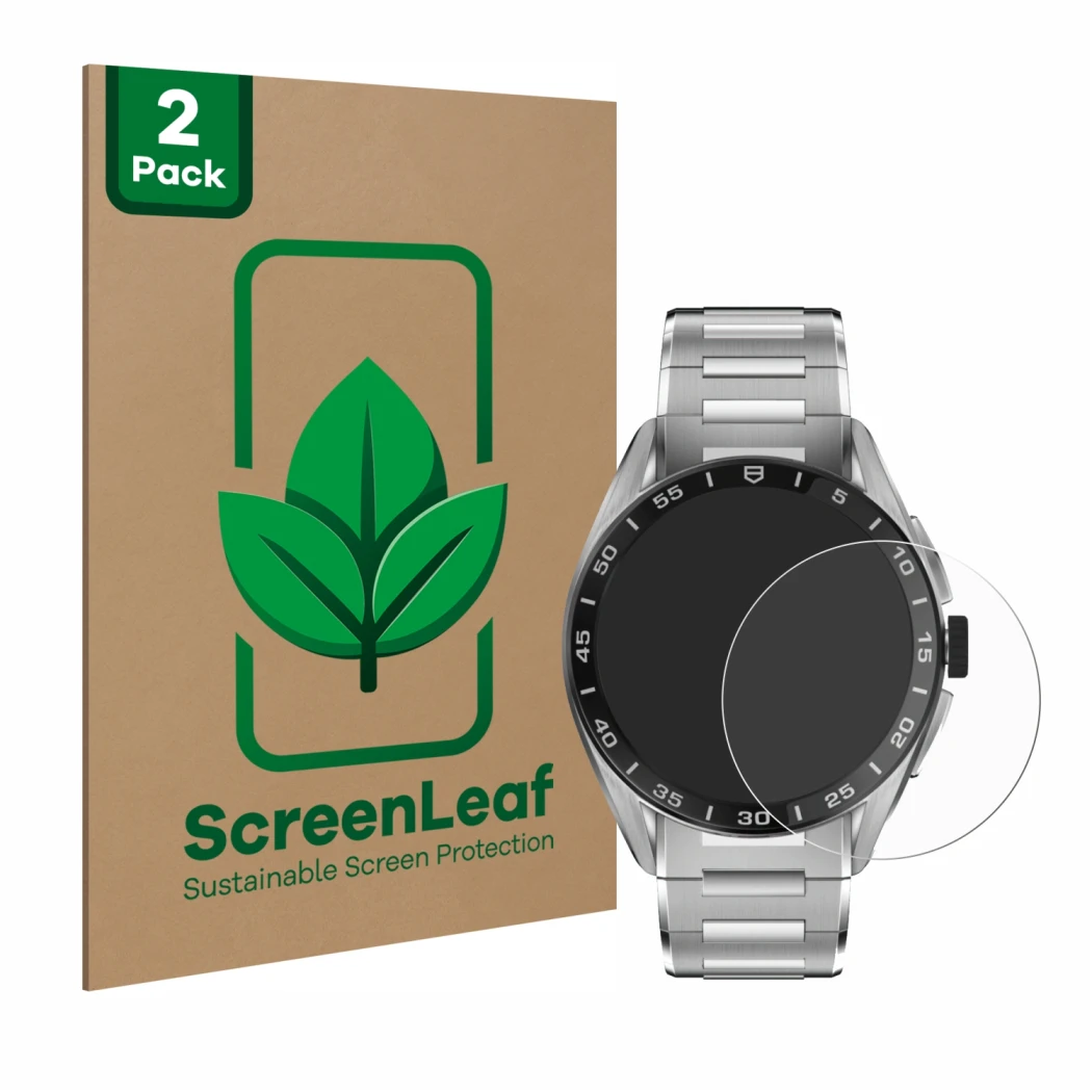 Front side of a product packaging with the brand logo ScreenLeaf. Next to it is the device TAG Heuer Connected Calibre E4 (45 