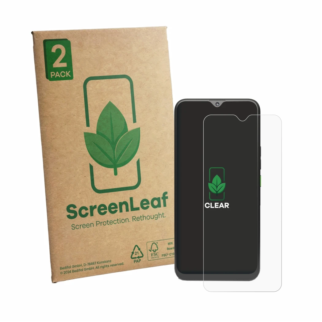 Front side of a product packaging with the brand logo ScreenLeaf. Next to it is the device 4G Systems Rephone shown with the c