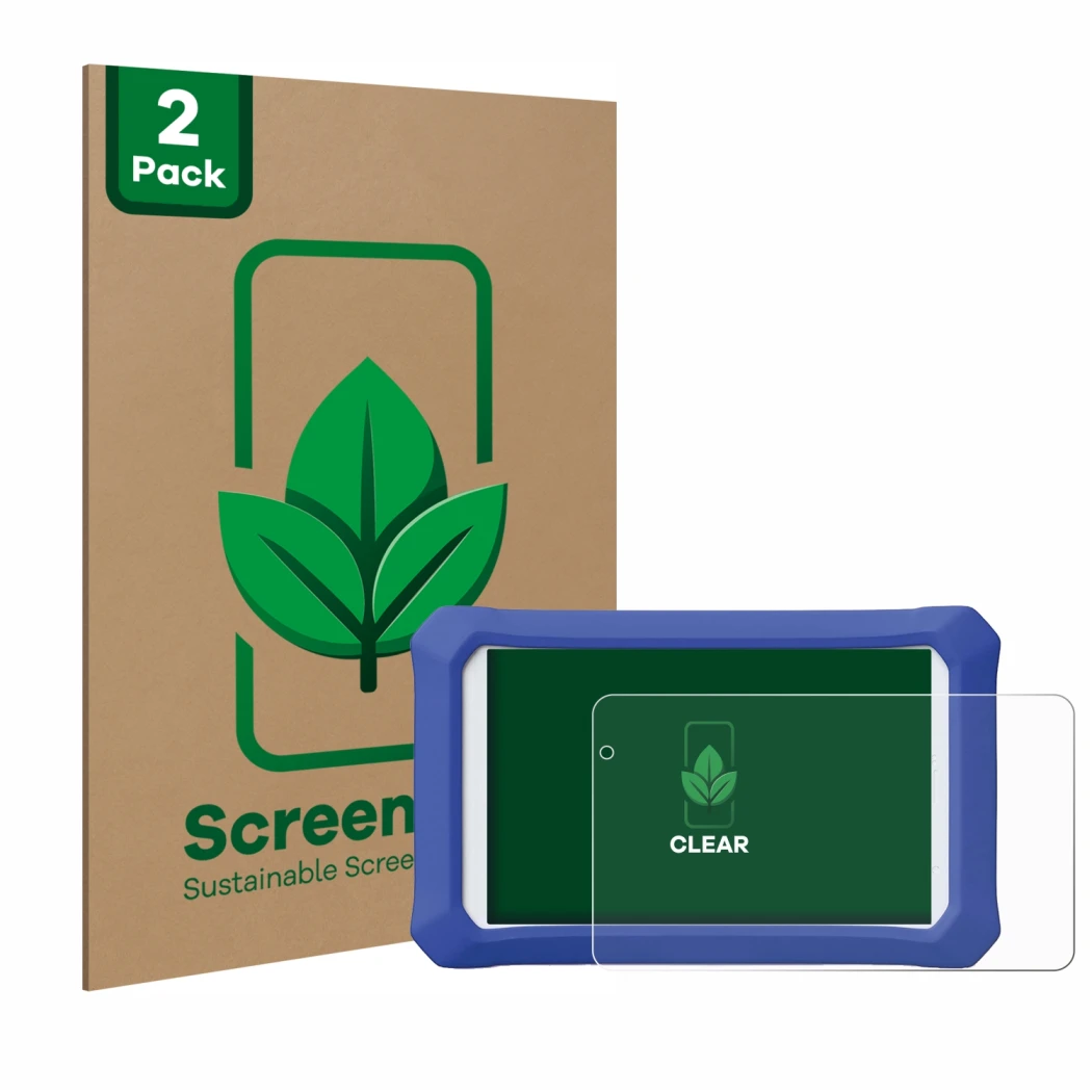 Front side of a product packaging with the brand logo ScreenLeaf. Next to it is the device Clementoni Clempad X Revolution sho