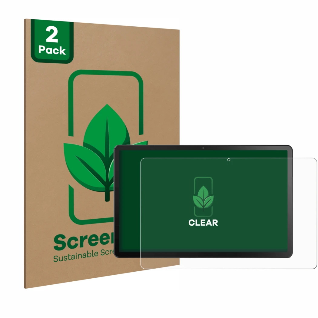 Front side of a product packaging with the brand logo ScreenLeaf. Next to it is the device Lenovo Tab M10 Plus (3th Gen.) show