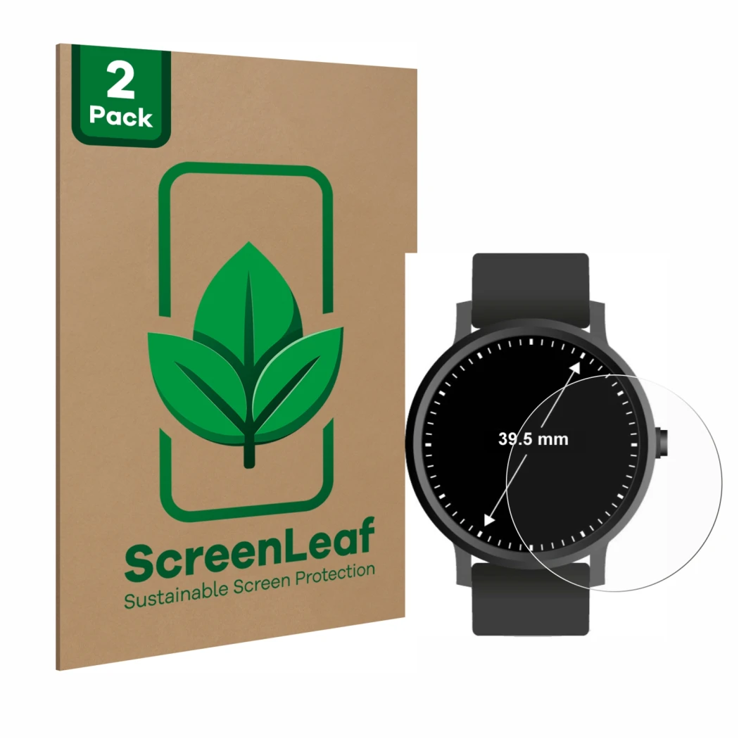 Front side of a product packaging with the brand logo ScreenLeaf. Next to it is the device Circular Displays (ø: 39.5 mm) show